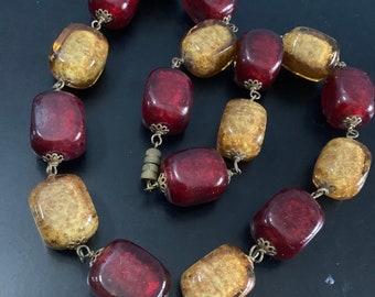 Vintage adventurine glass bead necklace,red and gold.