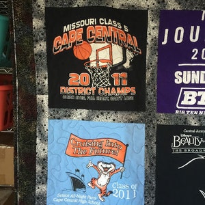 May include: A quilt with different fabric squares. The top left square is a black and white basketball jersey with the text "Missouri Class 5 Cape Central 2011 District Champs Clear Eyes, Full Heart, Can't Lose". The top right square is a purple jersey with the text "Jour 20 Sund BT Big Ten Ne". The bottom left square is a blue jersey with a cartoon tiger and the text "Cruising Into The Future! Class of 2011 Senior All-Night Party Cape Central High School". The bottom right square is a black jersey with the text "Central Junior Beauty The Broadway Music by A Lyrics by Howard May 10-".