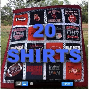 May include: A red, white, and black quilt made from 20 t-shirts. The quilt features various designs, including the words "Bearcat Football" and "Ballinger Bearcats 2008".