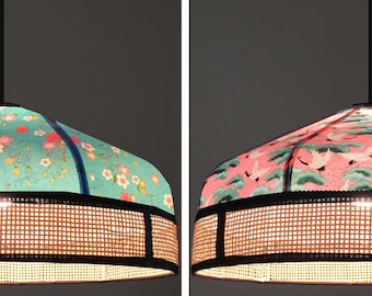 Bi-material suspension, Japanese paper and cane &quot;Vania&quot;. Turquoise or pink.