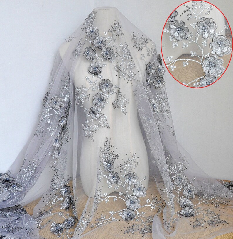 1 yard 3D Flower Gray Bead Pearl Lace Fabric Flowers Embroidered Fabric For Costume Dress Appliques Bridal Dress Supplies 51 width