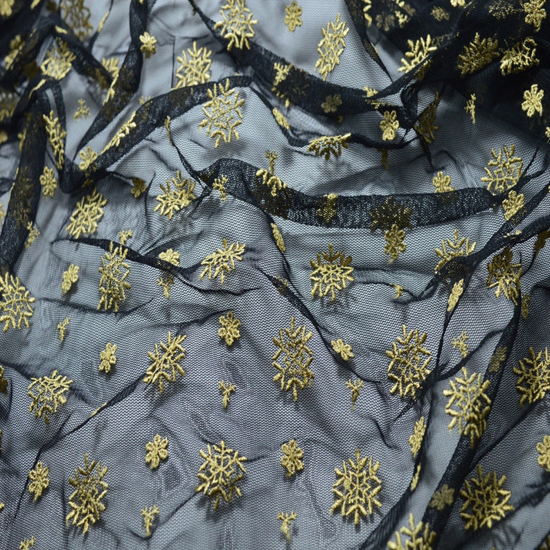 Lace Fabric Black Tulle Embroidered Gold Floral Fabric Dress Bridal Veil Floral 43.3 Wide 1 Yard