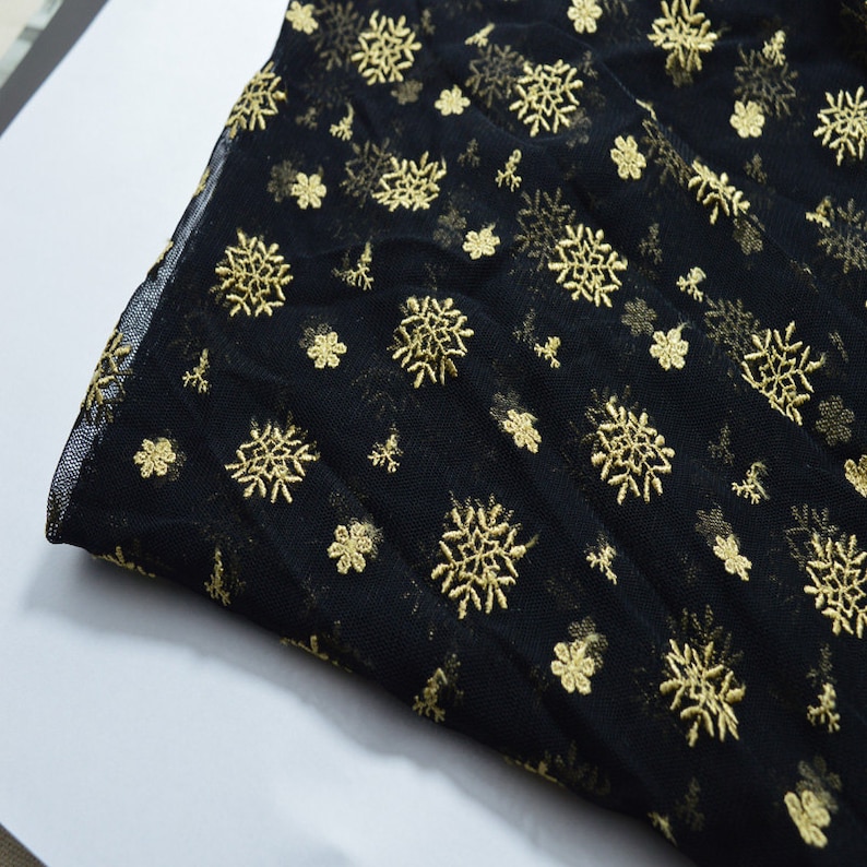 Lace Fabric Black Tulle Embroidered Gold Floral Fabric Dress Bridal Veil Floral 43.3 Wide 1 Yard