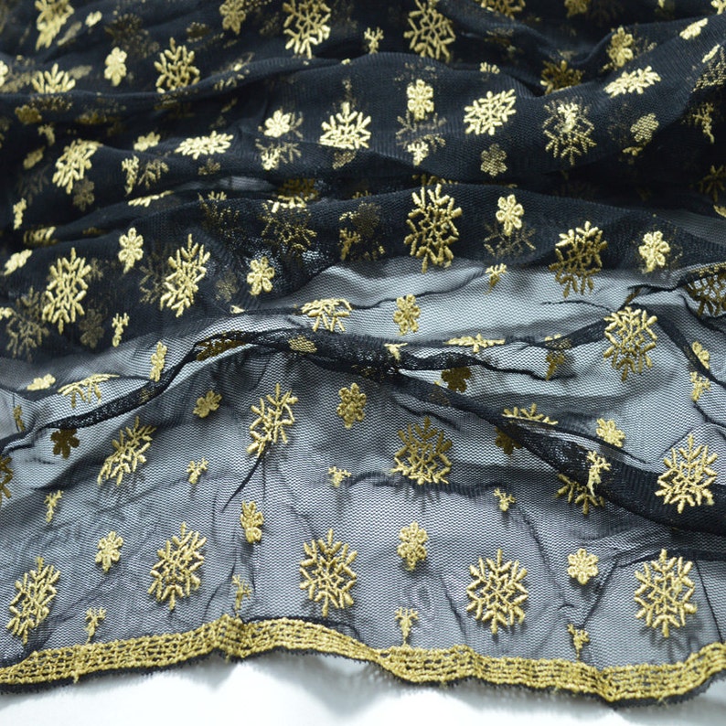 Lace Fabric Black Tulle Embroidered Gold Floral Fabric Dress Bridal Veil Floral 43.3 Wide 1 Yard