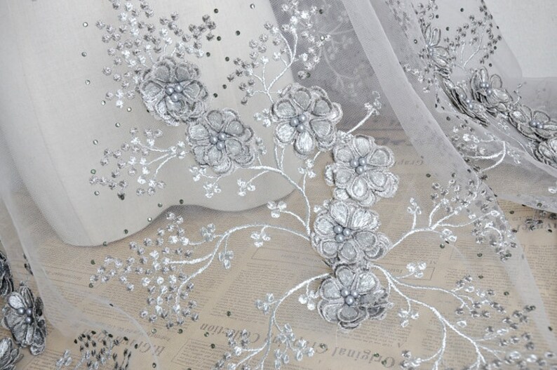 1 yard 3D Flower Gray Bead Pearl Lace Fabric Flowers Embroidered Fabric For Costume Dress Appliques Bridal Dress Supplies 51 width
