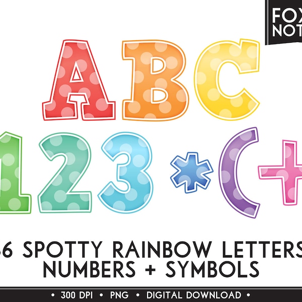 Regenbogen Polka Dot Alphabet & Zahlen ClipArt: Digitaler Download, Schriftart, Buchstaben, Flecken, Scrapbooking, druckbare, Grafiken, Clipart