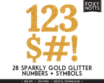 Glitter Numbers & Symbols Clip Art Font: Gold, Sparkle, Digital Download, Clipart, Scrapbooking, Printable, Graphics, Large, High Quality
