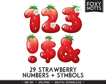 Strawberry Numbers & Symbols Clip Art Font: Digital Download, Fruit, Clipart, Scrapbooking, Printable, Graphics, Large