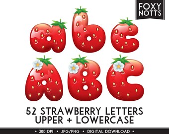 Strawberry Alphabet Clip Art Font: Digital Download, Clipart, Fruit, Letters, Scrapbooking, Printable, Graphics, Large