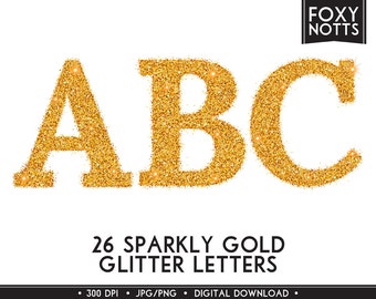 Glitter Alphabet Clip Art Font: Gold, Sparkle, Digital Download, Clipart, Letters, Large, PNG, Scrapbooking, Printable, Graphics