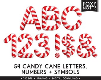 Candy Cane Christmas Alphabet & Numbers Clip Art: Digital Download, Font, Letters, Candy, Sweets, Stripe, Scrapbooking, Printable, Graphics