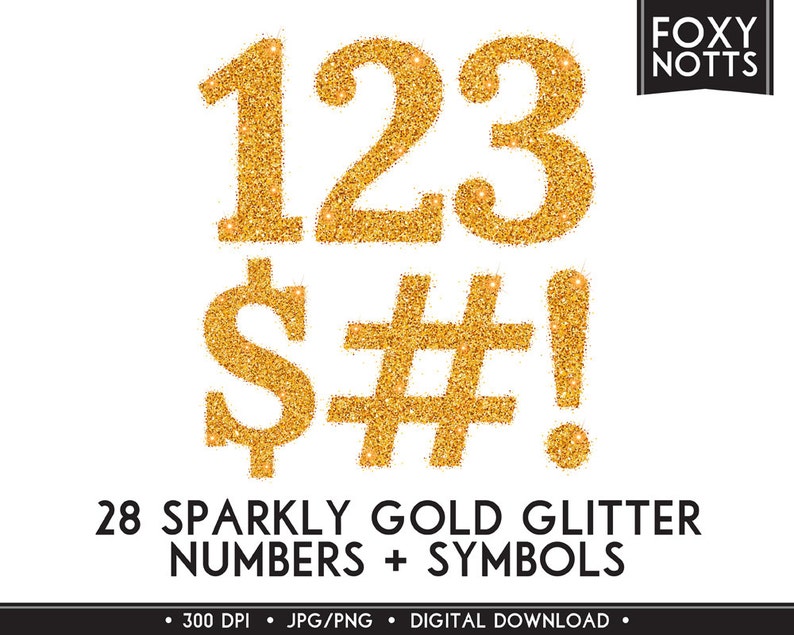 Gold Glitter Sparkle Numbers & Symbols Clip Art Digital Download