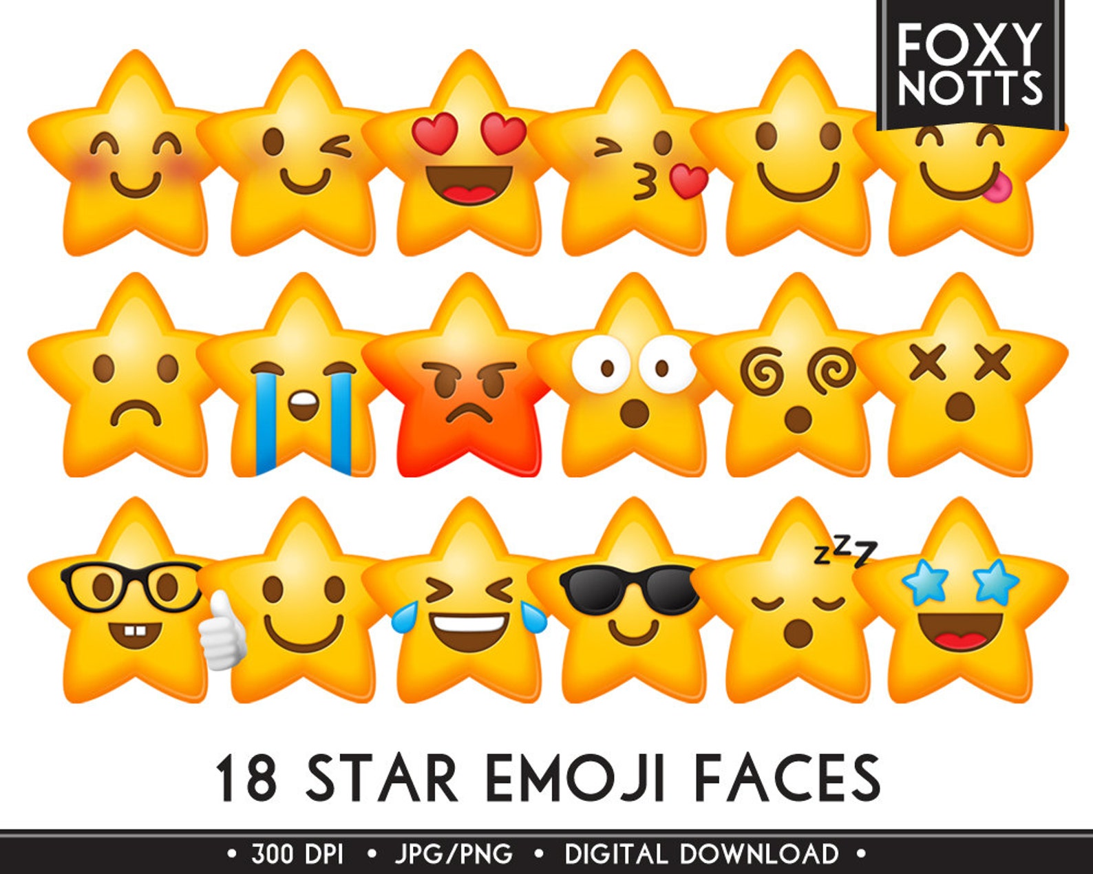 Star Emoji Smiley Faces Clip Art Digital Download, Clipart, Emoticons