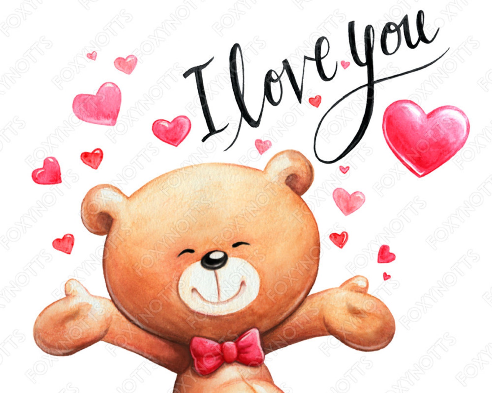 Teddy Bear Clip Art With Hearts and 'I Love You' Watercolor Digital Download High Resolution