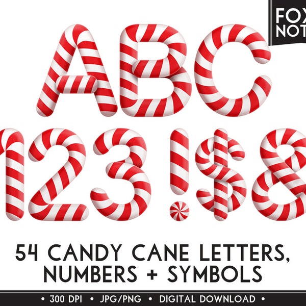 Candy Cane Christmas Alphabet & Numbers Clip Art: Digital Download, Font, Letters, Candy, Sweets, Stripe, Scrapbooking, Printable, Graphics