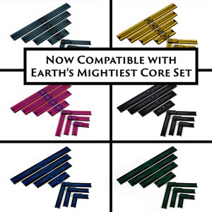 May include: Set of five tile pieces in four different color combinations: teal, gold, pink, and blue. Each tile piece has a unique design and is compatible with Earth's Mightiest Core Set.
