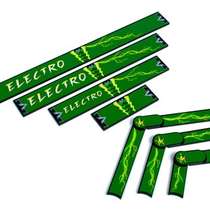 Może przedstawiać: Zielone i czarne paski dekoracyjne z białym napisem "ELECTRO". Paski mają wz&oacute;r błyskawicy. Niekt&oacute;re paski są proste, inne są zgięte pod kątem.