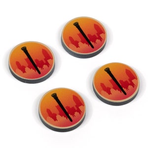 May include: Four round wooden game pieces with a black silhouette of a city skyline and a tall building with a light on top. The background is a gradient of orange and red.