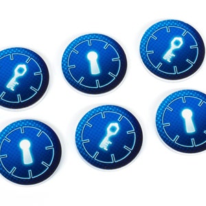 May include: Six blue circular tokens with white outlines. Each token features a different symbol: a key or a keyhole. The symbols are white and glow in the center of each token.