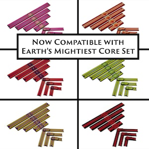 May include: Set of six different colored wooden game pieces with a geometric design. The pieces are compatible with Earth's Mightiest Core Set.  NOW COMPATIBLE WITH EARTH'S MIGHTIEST CORE SET.