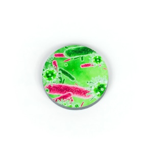 May include: A round, green and pink sticker with a microscopic image of bacteria.