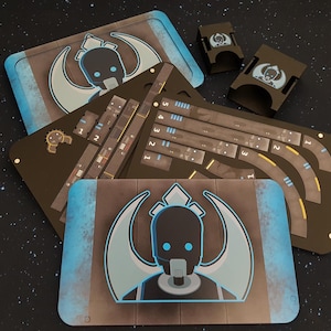 Star Wars X-Wing Compatible V2 Matt Black Acrylic, Colour Printed K2SO Collection. Templates, Tray, Damage Decks.