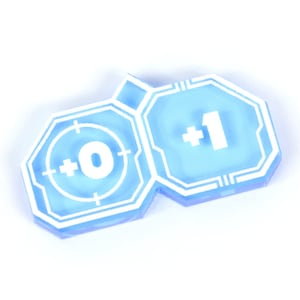 Puede incluir: Dos piezas de juego octogonales azules con contornos blancos y números blancos. La primera pieza tiene un símbolo de blanco blanco y el número +0. La segunda pieza tiene el número +1.