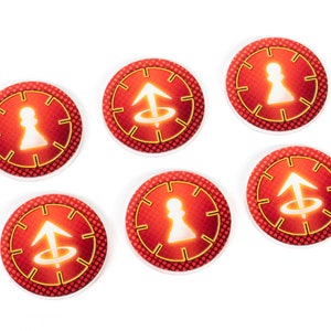 May include: Six red and white circular tokens with different symbols. Three tokens feature a white pawn chess piece and three tokens feature a white arrow with a circle around it.
