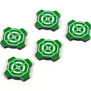 May include: Five green and white target tokens with a white crosshair in the center. The tokens are made of a thick, durable material and are perfect for use in board games or other tabletop games.