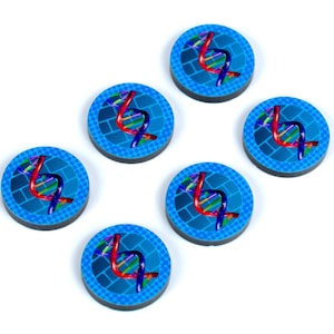 May include: Six blue and white round game tokens with a DNA helix design in red, blue, green, and purple.