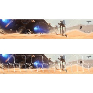 May include: A keyboard skin featuring a Star Wars themed design with AT-AT walkers and spaceships in a desert landscape.