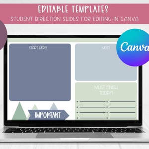 May include: A laptop screen displaying a student direction slide template for Canva. The template is divided into four sections with the text "Start Here", "Next", "Must Finish Today", and "Important". The template is designed with a green, blue, and gray color scheme.