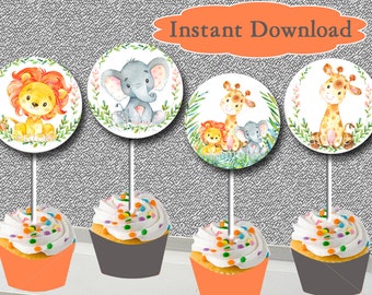 Safari Baby Shower Cupcake Toppers and Wrappers, Jungle cupcake toppers Printable INSTANT DOWNLOAD Safari Jungle Party Cupcake Toppers 001-A