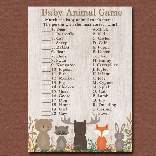 Woodland Baby Shower Game, Baby Animal Game Printable, Forest Animals Shower, Woodland animals baby shower Instant Download  016