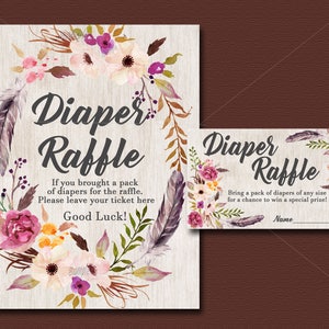 Boho Baby Shower Diaper Raffle Insert Card & Sign, Floral Invitation insert Tribal Baby Shower diaper raffle ticket, INSTANT DOWNLOAD 011 image 1
