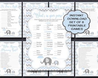 Elephant Baby Shower GAMES, Set of 8 Printable Games package, Blue Boy Baby Shower Party Pack Games activities, Instant Download 032