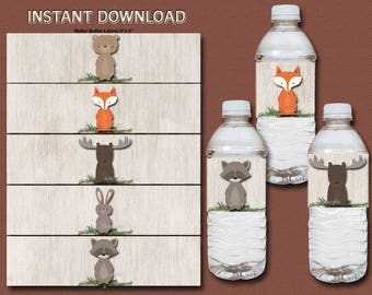 Woodland Water Bottle Labels, Printable, water bottle wrap - Baby Shower, Birthday Decor, Animal Water bottle wrap, INSTANT DOWNLOAD 016