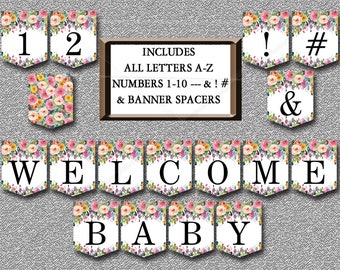 Floral Baby Shower Banner, Printable Includes ALL LETTERS A-Z, Numbers 0-9, Spacers & symbols Boho Baby shower banner Instant Download  020