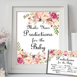Signe de jeu de prédictions de bébé et carte Floral Baby Shower Game, Blush rose Floral Boho Baby Shower Activity Predictions INSTANT DOWNLOAD 021