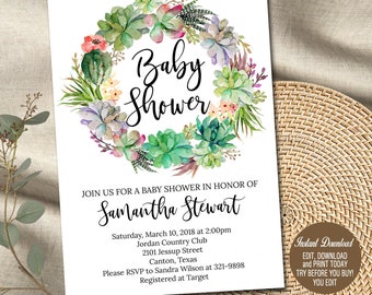 Editable Succulent Baby Shower invitation template, Cactus DIY PDF Printable You Edit invite, Instant download 039