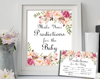 Baby Predictions game sign & card Floral Baby Shower Game, Blush pink Floral Boho Baby Shower Activity Predictions INSTANT DOWNLOAD  021