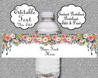 Floral Water Bottle Labels Baby Shower, Birthday, Wedding, EDITABLE, Printable, Boho Baby Shower Bottle Wrap - Wrapper INSTANT DOWNLOAD 020