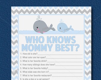 Whale Baby Shower Game, Who Knows Mommy Best, How Well Do You Know the Mommy Game, Blue & Gray Nautical baby shower, Instant download  043