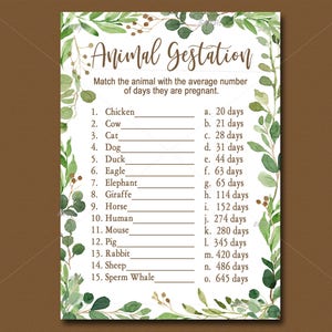 Greenery Baby Shower Game, Animal Gestation Game, Printable, green watercolor leaves, Animal Pregnancy Game, INSTANT DOWNLOAD 046