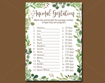 Greenery Baby Shower Game, Animal Gestation Game, Printable, green watercolor leaves, Animal Pregnancy Game, INSTANT DOWNLOAD 046