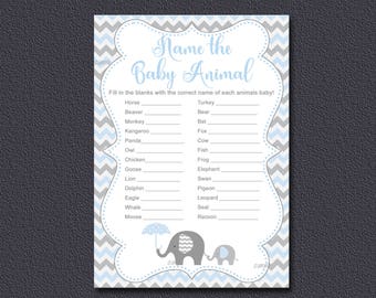 Elephant Baby Shower Game, Name The Baby Animals Game Printable, Boy Baby Shower, Blue and Gray  chevron Instant Download  032