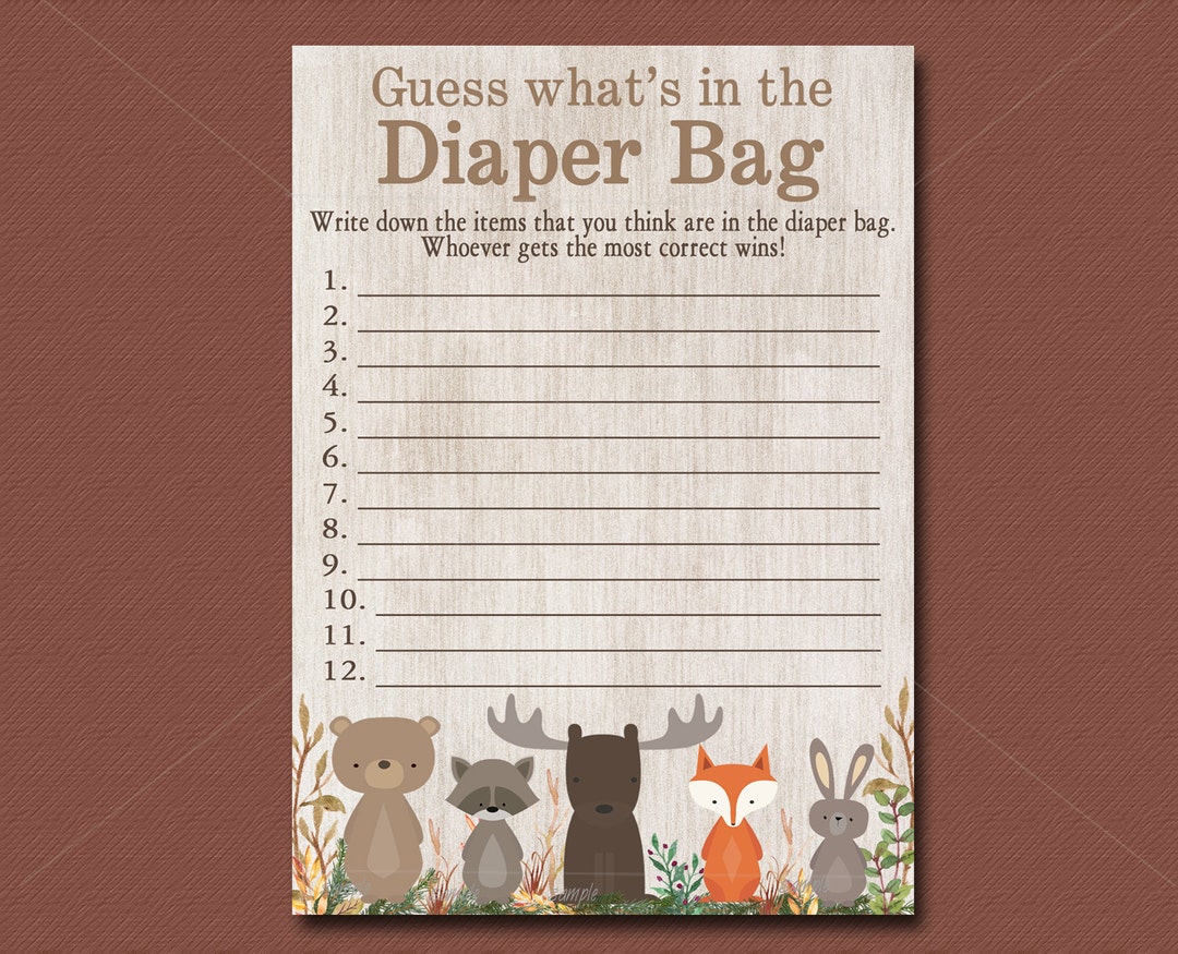 Baby Shower Game Woodland Animals Diaper Bag Guessing Game | sdr.com.ec