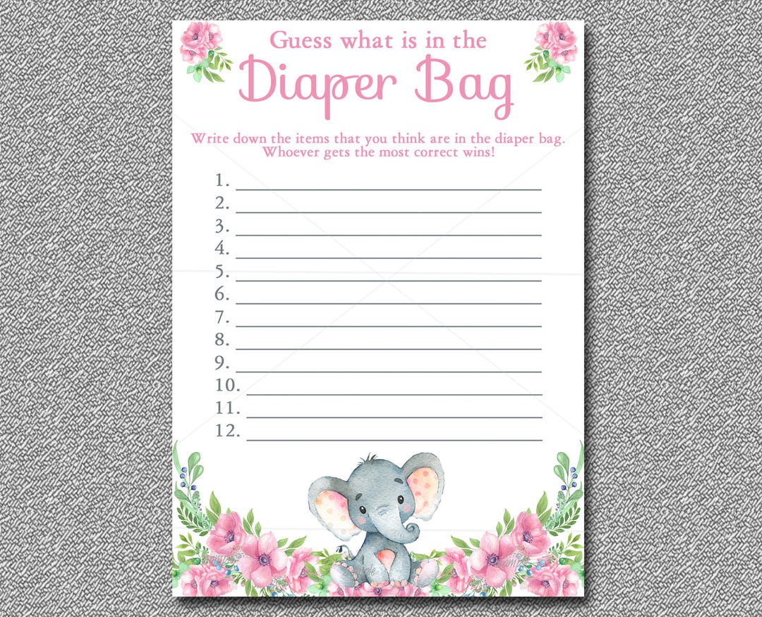 Pink Elephant Baby Shower Game Whats in the Diaper Bag Game Etsy