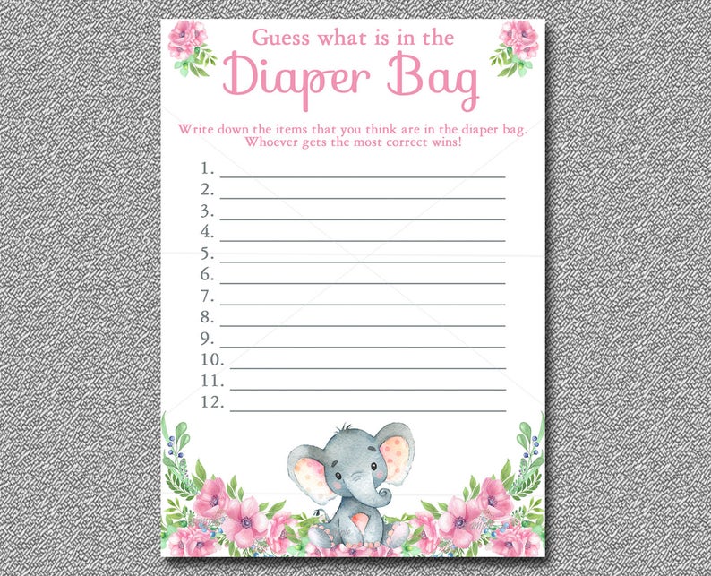 Pink Elephant Baby Shower Game Whats in the Diaper Bag Game Etsy