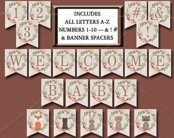 Woodland Baby Shower Banner, Printable Includes ALL LETTERS A-Z, Numbers 0-9, Spacers & symbols Decorations Birthday Instant Download - 016